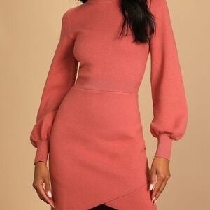 Lulus Wintry Weather Rusty Rose Mock Neck Long Sleeve Sweater Dress Pink
